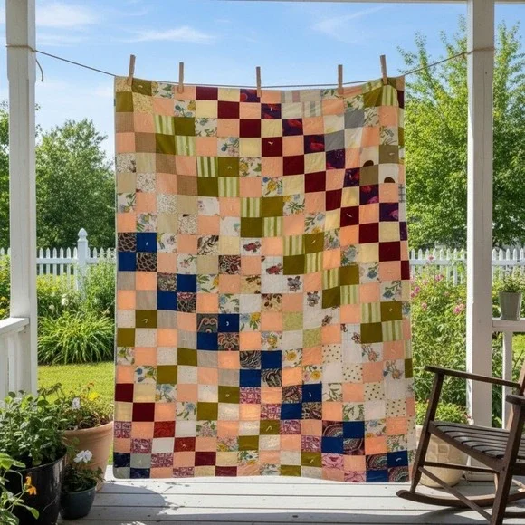 Handmade Patchwork Quilt Reversible Floral Backing Cottagecore Farmhouse Decor - Picture 1 of 9